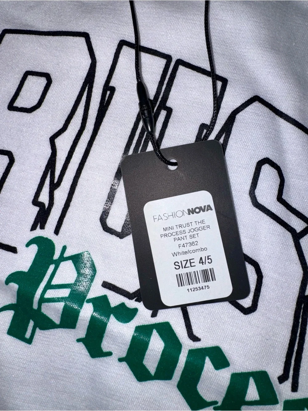 Fashion Nova Kids White Tee & Green Sweatpants 'The Process' Matching Set